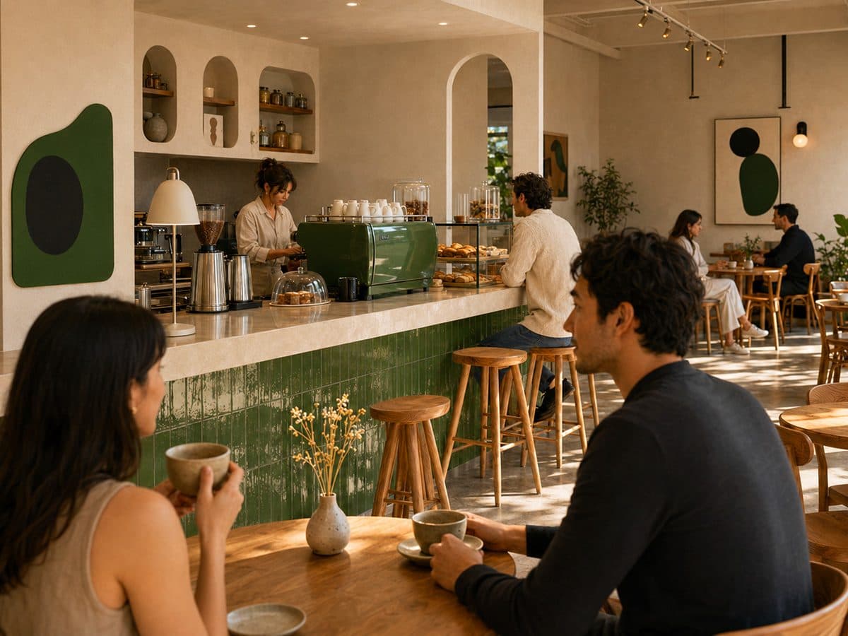 Guests seated along a café bar